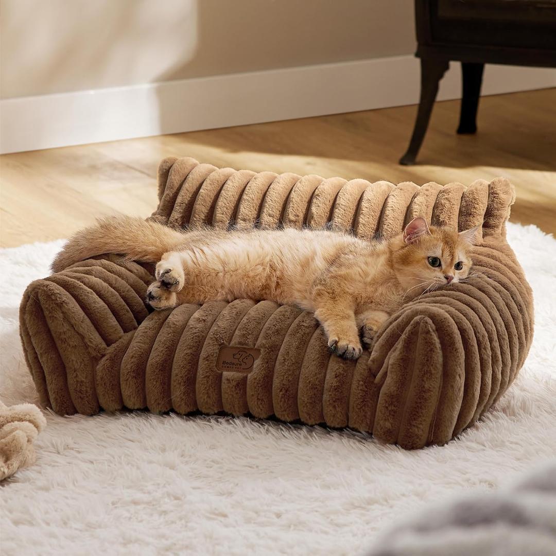 Bedsure Cute Cat Couch for Pets - Fluffy Cat Sofa with Premium Soft Corduroy Fleece, Fuzzy Pet Couch Bed with Removable Washable Cover, Supportive Pet Chair for Indoor Cats, 24inch, Copper Brown (24x18x10")