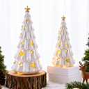 Wowagoga 2 Pcs White Christmas Tree Figurines, Small Xmas Tree with Glossy Finish Table Centerpiece Decor Stars and Dots Cutouts for Home Decoration