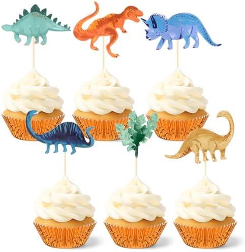 Honeydak 48 Pcs Watercolor Dinosaur Cupcake Toppers Kit 24 Dino Cake Topper Picks and 24 Foil Cupcake Liners Cute Dinosaur Cake Decoration for Jurassic Dino Theme Baby Shower Birthday Party Decor