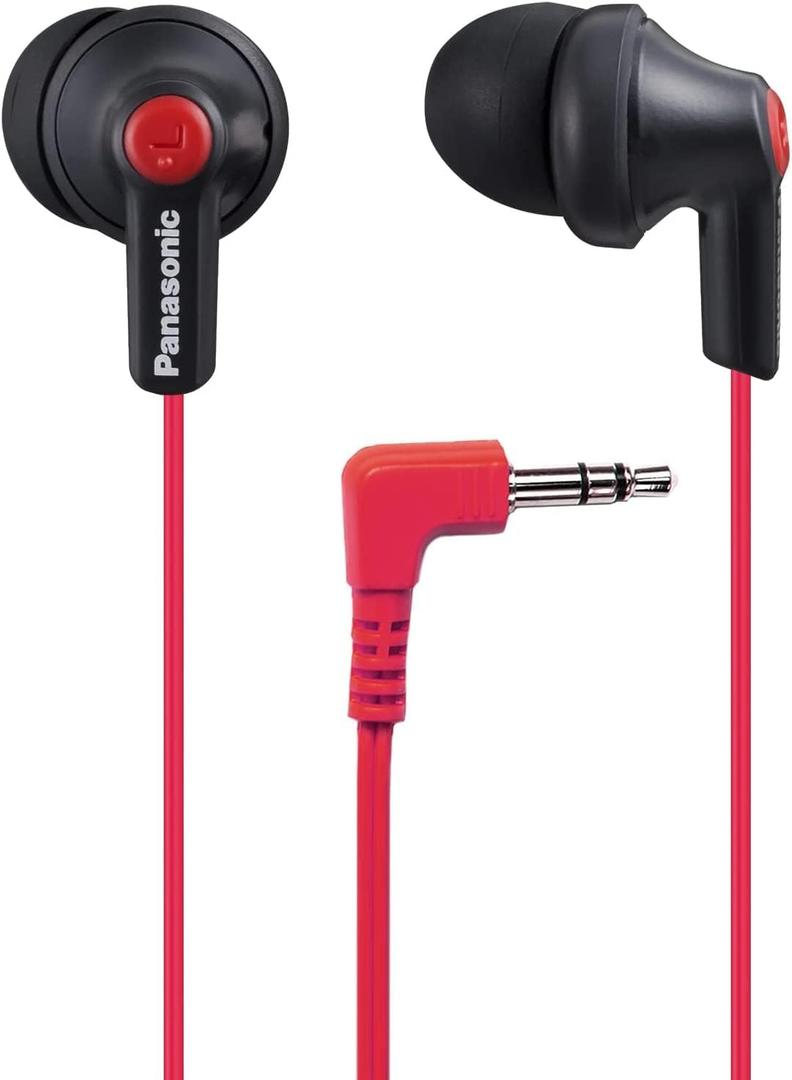 Panasonic ErgoFit Wired Earbuds, in-Ear Headphones with Dynamic Crystal-Clear Sound and Ergonomic Custom-Fit Earpieces (S/M/L),3.5mm Jack for Phones and Laptops, No Mic-RP-HJE120-KB (Matte Black/Red)
