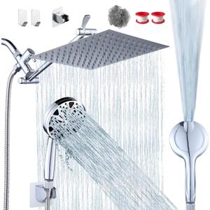 10'' High-Pressure Rainfall Shower Head & Handheld Combo - 8+2 Modes Stainless Steel Chrome Finish 11'' Adjustable Extension Arm Height/Angle with Holder & 60" Hose