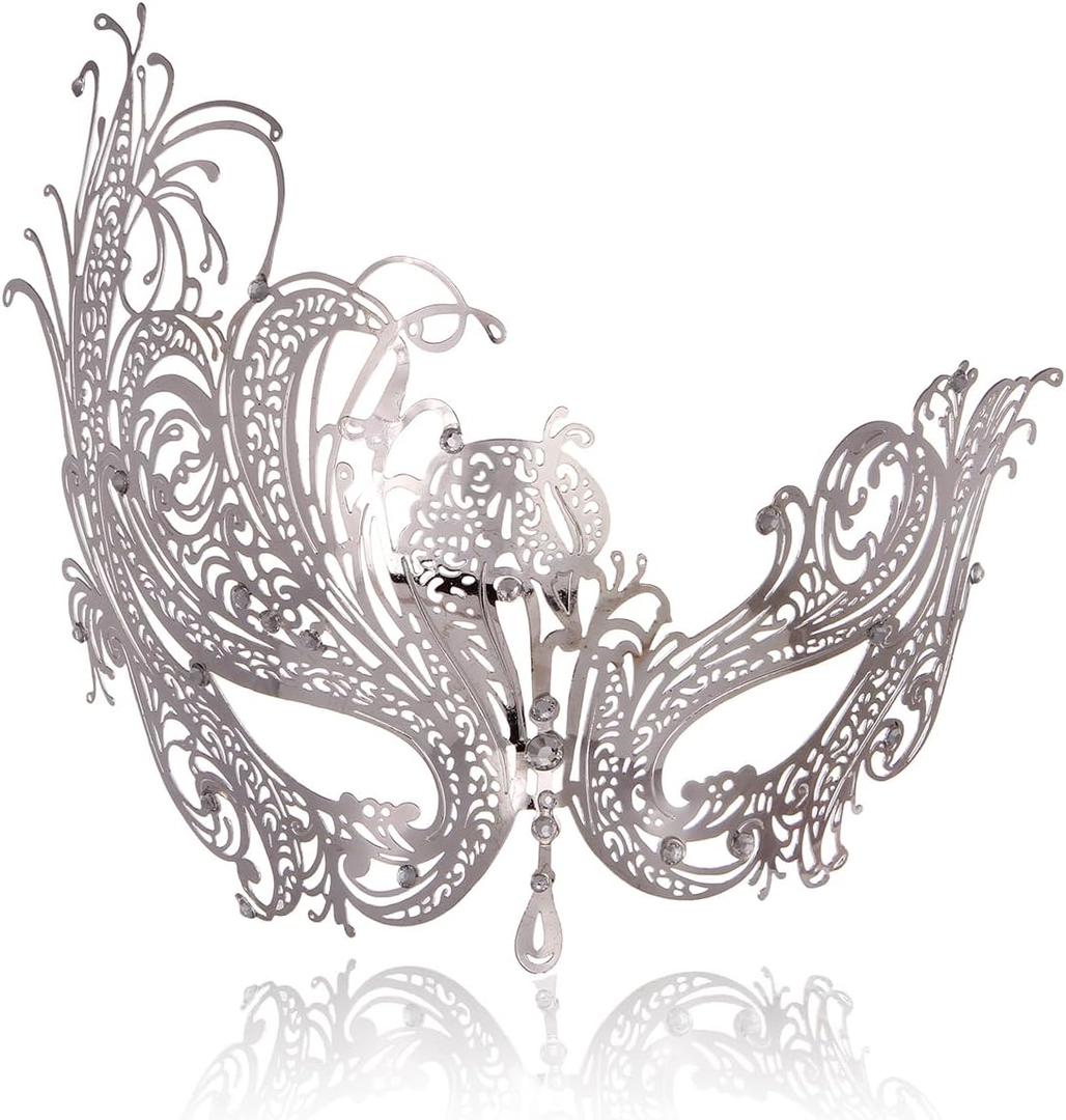 MYMENU Masquerade Mask for Women Shiny Rhinestone Metal Mask Venetian Mask for Party Prom Ball (Phoenix Silver)