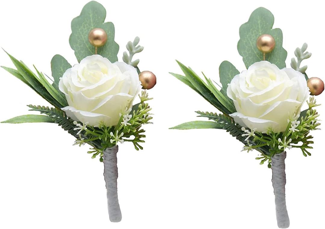 Jowxsx 2Pcs Roses Boutonniere for Men Wedding, Groom Groomsman Artificial White Rose Flowers with pins for Wedding Anniversary Celebration,Prom,Party,Home Decoration Artificial Flowers