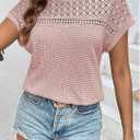 Dokotoo Women's Tops Casual Scoop Neck Short Sleeve Waffle Knit Hollow Out Shirts Loose Tunic Tops Blouses (Pink, XL)