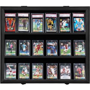 Baseball Card Display Case - 18 Graded Card Display Case - Wall-Mount Lockable Sport Card Box with UV Protection Acrylic for Display Basketball Football Hockey Card - Black