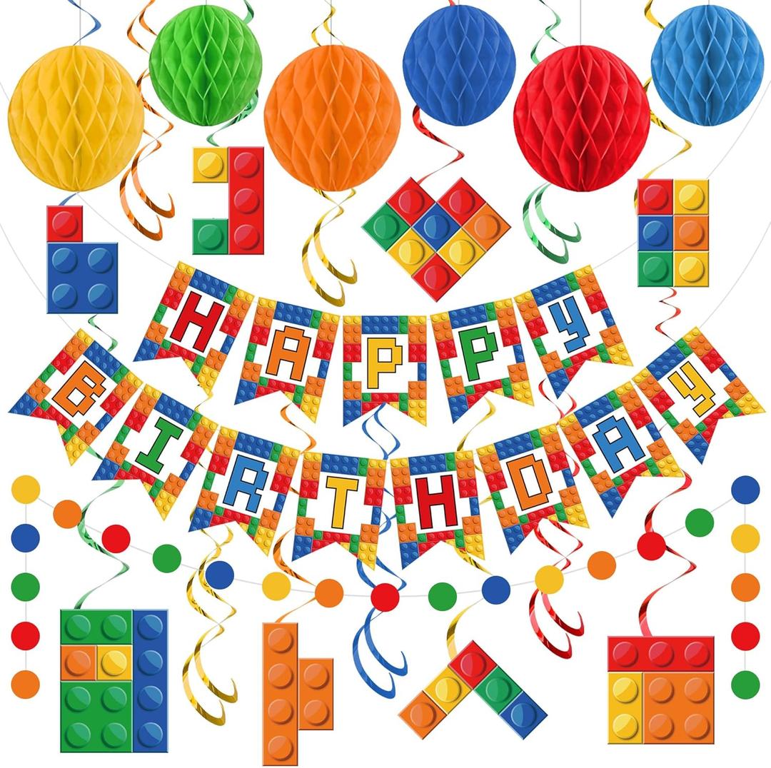Building Block Birthday Party Decorations Brick Themed Happy Birthday Banner Colorful Block Hanging Swirls Honeycomb Balls Circle Dots Garland for Colorful Brick Pre-strung Birthdays Party Decor