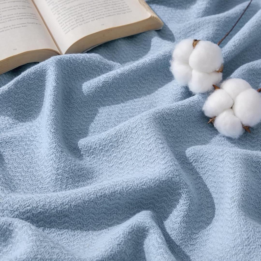 Bedsure GentleSoft 100% Cotton Blanket Twin XL Size for Bed - Cooling Breathable and Lightweight, Soft Cozy Textured Herringbone Woven Summer Blanket for College Dorm, Light Blue, 66x90 inches