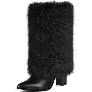 Womens 3.3-inch Chunky Mid Calf Fur Heel Boots Furry Fuzzy Fluffy Pointed Toe Boots for Women Short Wide Calf Fall Winter Snow Fold Over Boot with Side Zipper (7.5, Black)