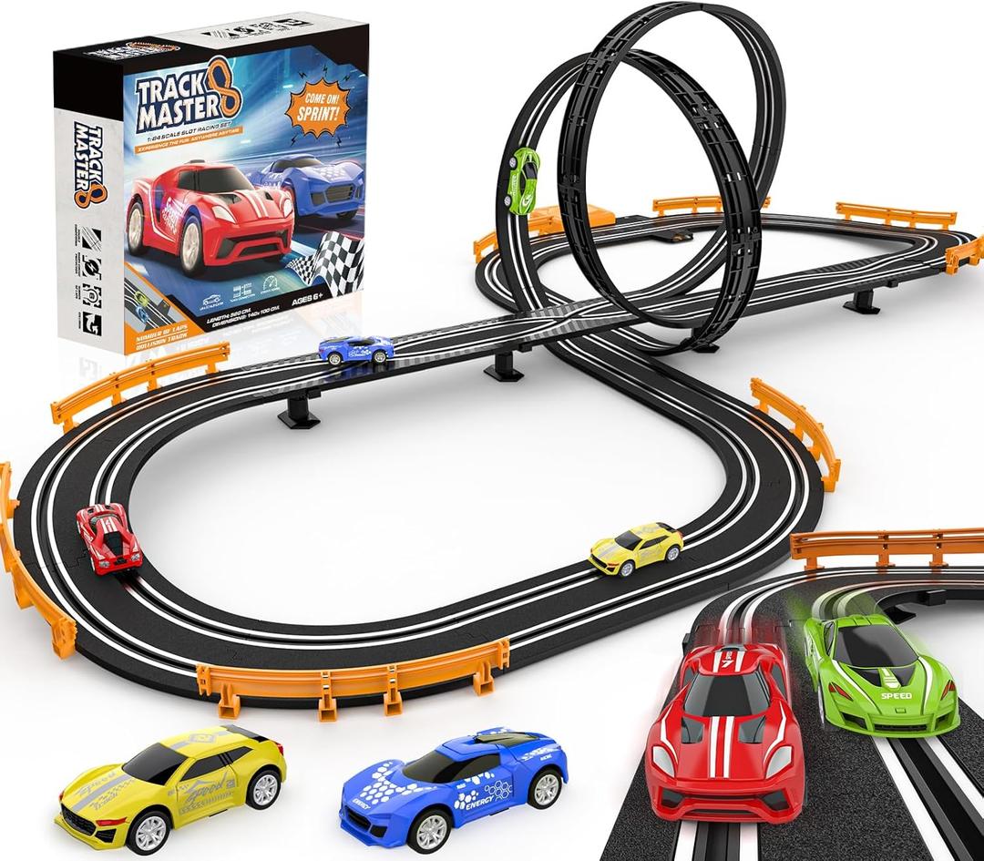 Slot-Car-Race-Track-Sets for Boys Kids, Battery or Electric Race Car Track with 4 High-Speed Slot Cars, Dual Racing Game 2 Hand Controllers Circular Overpass Track, Toys Gifts for 6-8 8-12 Boys Girls (Black)