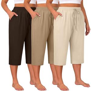 Huukeay 3 Pack Women's Plus Size Capris, Drawstring Cotton Yoga Capri Sweatpants Summer Casual Loose Cropped Pant with Pocket, Size XL