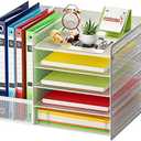 Marbrasse Desk Organizer with File Holder, 5-Tier Paper Letter Tray, Mesh Desk Organizers and Accessories with Magazine Holder, Desktop Organizer and Storage for Office Supplies (White)