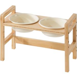 Ceramic Adjustable Raised Dog Bowls with Durable Non-Slip Bamboo Elevated for Medium Dog Food and Water Bowl Pet Feeding Dish(Double 6.9" Bowl, Cream White)