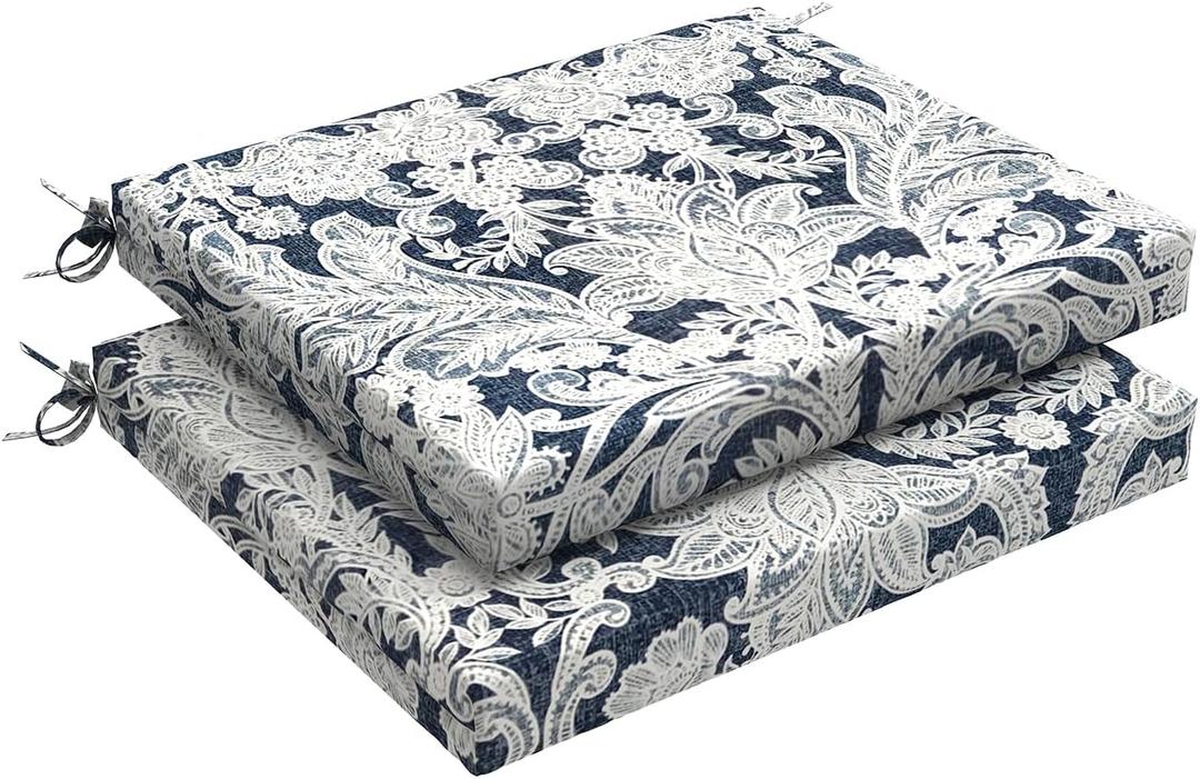 LVTXIII Outdoor Chair Cushions 18.5"x16"x2" Pack of 2, Water-Repellent Square Corner Memory Foam Seat Cushions with Ties for Garden Patio Furniture, Damask Lapis (Set of 2)