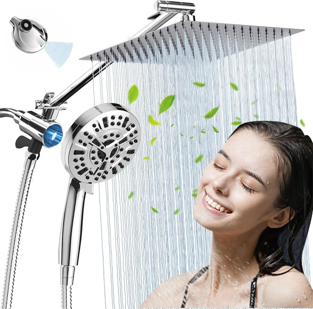 10'' Magnetic Rain Shower Head with Handheld Spray Combo, 8+2 MODE Built-in Power Wash, Stainless Steel Showerhead with Extension Arm and Long Hose, Chrome