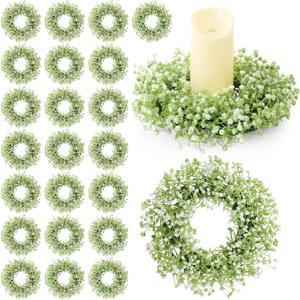 Zeyune 24 Pcs Babys Breath Candle Wreath Rings Bulk | Artificial Flower,Greenery Leaves Wreath,Gypsophila Wreath Candle Pillar,Wedding Table Decorations,Bridal Shower Centerpiece