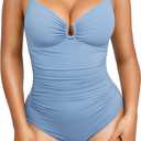 SHAPELLX Womens Swimsuits Tummy Control Bathing Suit Slimming One Piece U-Ring Shapewear Swimwear with Ruched Waist (Blue, L)