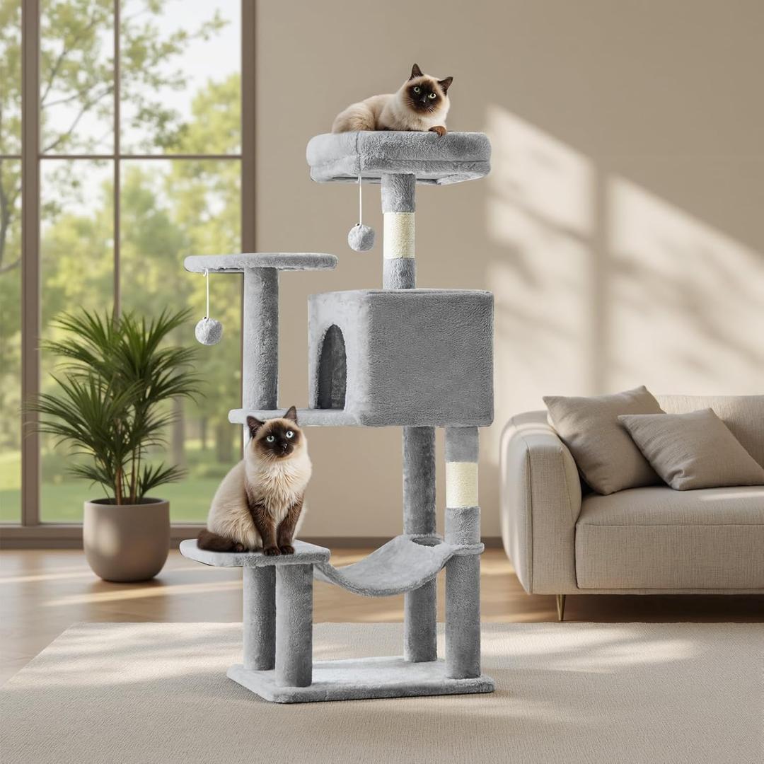 Sweetcrispy 44 Inch Cat Tree Tower, Cat Climbing Tower with Natural Sisal Scratching Posts, Hammock, Pet Condo for Indoor Cats and Kittens Play, Light Grey