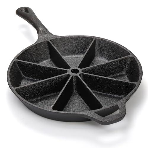WUWEOT Cast Iron Wedge Pan, Round Corn Bread Skillet, 8-edges Biscuit Pan Mini Cake Pan with Long Handle for Scones, Corn Stick, Muffins, Cupcakes and Brownies