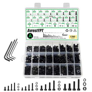 1780 Pcs M2 M4 M5 M3 Screws Set, Metric Bolt Assortment Kit, Metric Machine Screw Assortment Kit, Alloy Steel Black Bolts and Nuts Kits with Washers Set, Hex Socket Head Cap Screws Kit