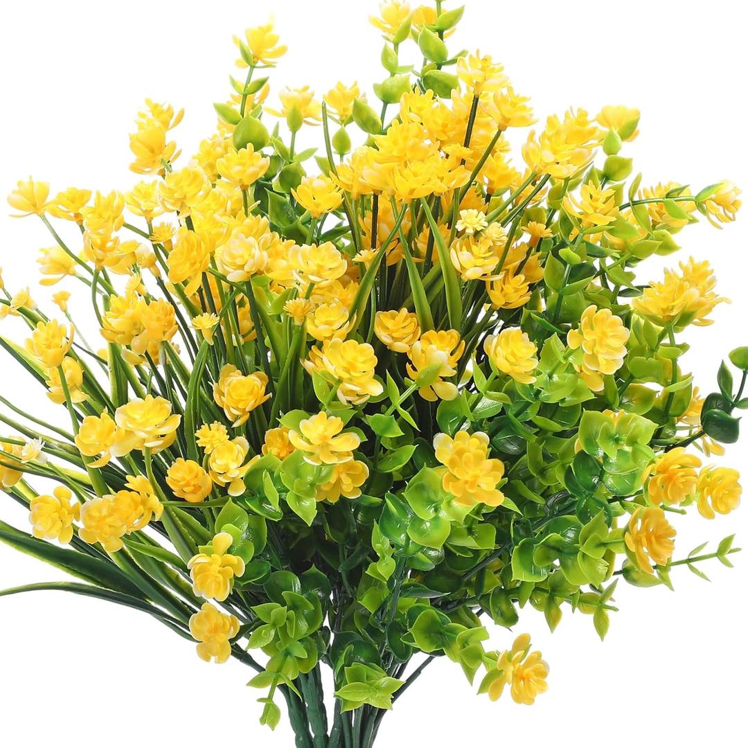 WILLBOND 12 Bundles Artificial Flowers Outdoor, UV Resistant Faux Artificial Plants Shrubs Plastic Flower Bulk for Hanging Planter Porch Window Home Spring Summer Decor(Yellow)