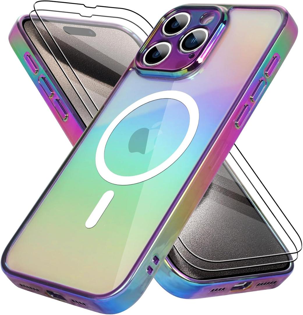 Bonoma for iPhone 15 Pro Case Magnetic Support for Magsafe Bling Laser Iridescent Florescent Crystal Luxury Camera Protector + 2* Screen Protector Shockproof Edge Cover -Purple Bonoma for iPhone 15 Pro Case Magnetic Support for Magsafe Bling Laser Iridescent Florescent Crystal Luxury Camera Protector + 2* Screen Protector Shockproof Edge Cover -Purple