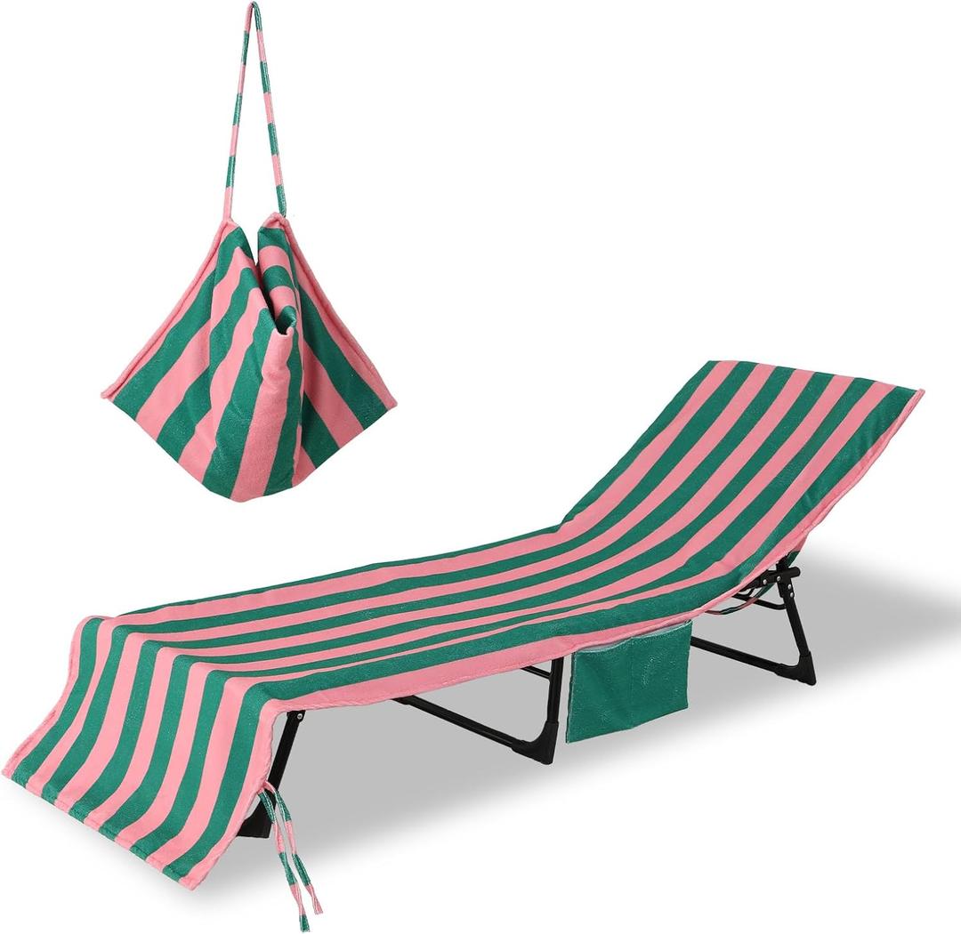 Beach Lounge Chair Towel Cover,Soft Microfiber Chaise Lounge Towel Cover Patio Pool Chairs Cover with Side Pockets,80" x 26" Chair Cover for Beach/Pool Sunbathing (Green and Pink Stripe)