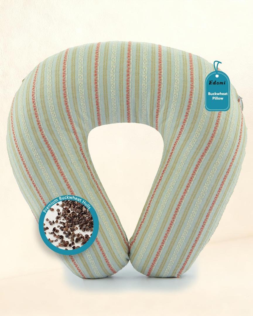 Buckwheat U Shaped Neck Pillow - 12''x12'' Adjustable Cervical Support Pillow with Breathable Buckwheat Hulls, Removable Cotton Cover, Ideal for Airplane, Office or Home Use (Grey)