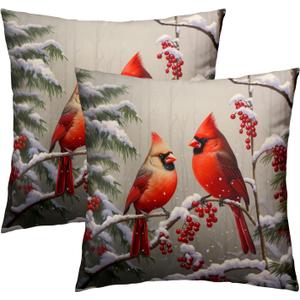 Merry Christma Red Cardinal Bird Throw Pillow Cover 18x18 Inch Pack of 2 Winter Snowflakes Cushion Pillow Case Square Xmas Pine Trees Holiday Pillowcase for Party Bed Sofa Home Car Bedroom Outdoor