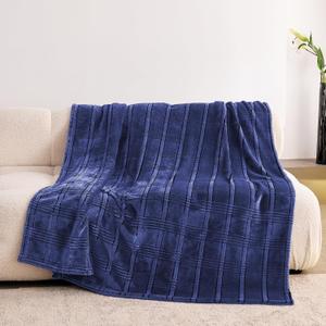 Super Soft Flannel Throw Blanket 50x60 Inches, Premium Checkered Jacquaed Silky Fleece Lightweight Bed Blanket All Season Use, Navy Blue Strip, 50"x60"
