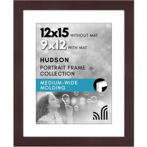 Americanflat 12x15 Picture Frame with Shatter-Resistant Glass - Use as 9x12 Frame with Mat or Display 12x15 Photo Without Mat - Hudson Collection - Wide Picture Frames for Wall Display - Mahogany