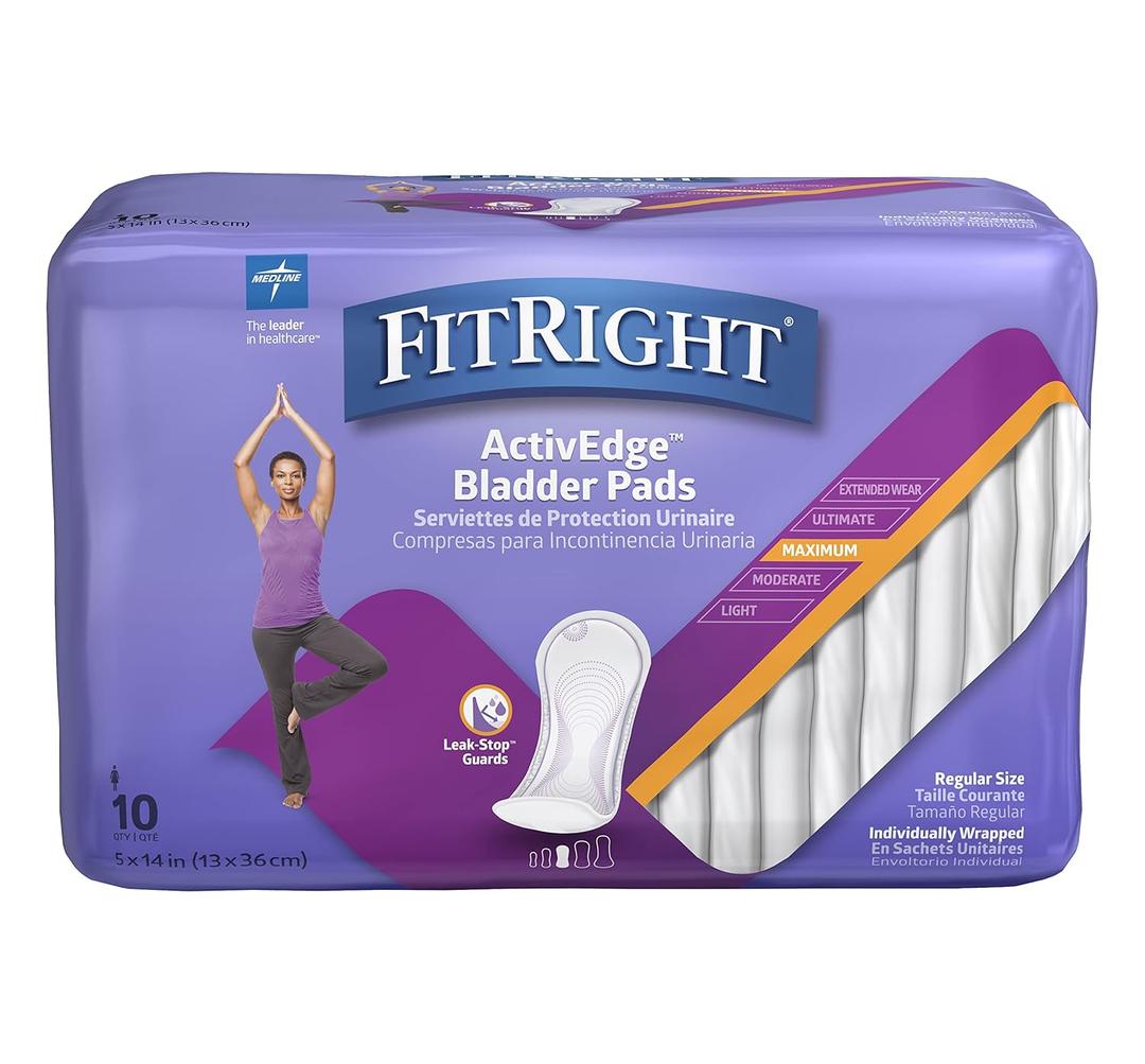 FitRight Incontinence Bladder Control Pads, Maximum Absorbency, 5.5" x 13.75", 10 Count
