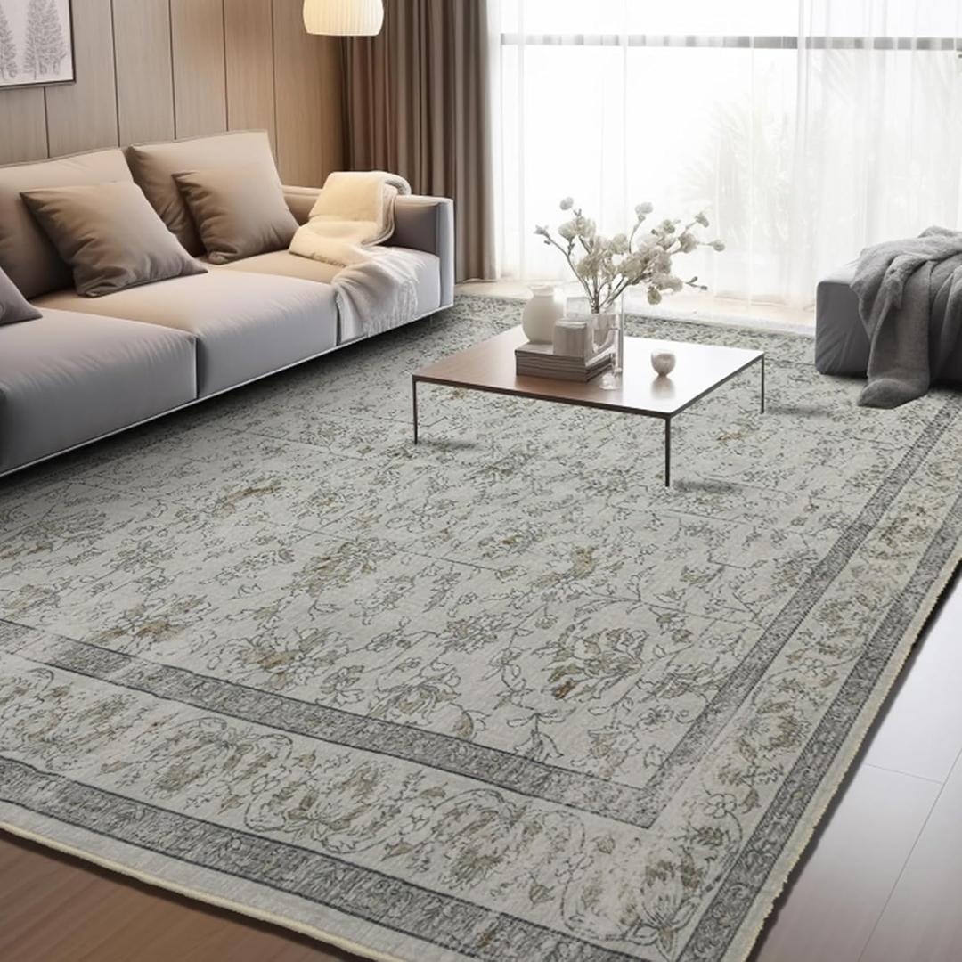 Area Rug for Living Room: 8x10 Washable Vintage Rug for Bedroom Dinning Room Floor - Soft Indoor Low-Pile Thin Carpet Non-Slip - Beige/Ivory