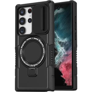 for Samsung Galaxy S22 Ultra Magnetic Case [Compatible with MagSafe] with Camera Cover & Magnetic Ring Kickstand, Military Grade Heavy Duty Case for Samsung S22 Ultra 6.8'', Black