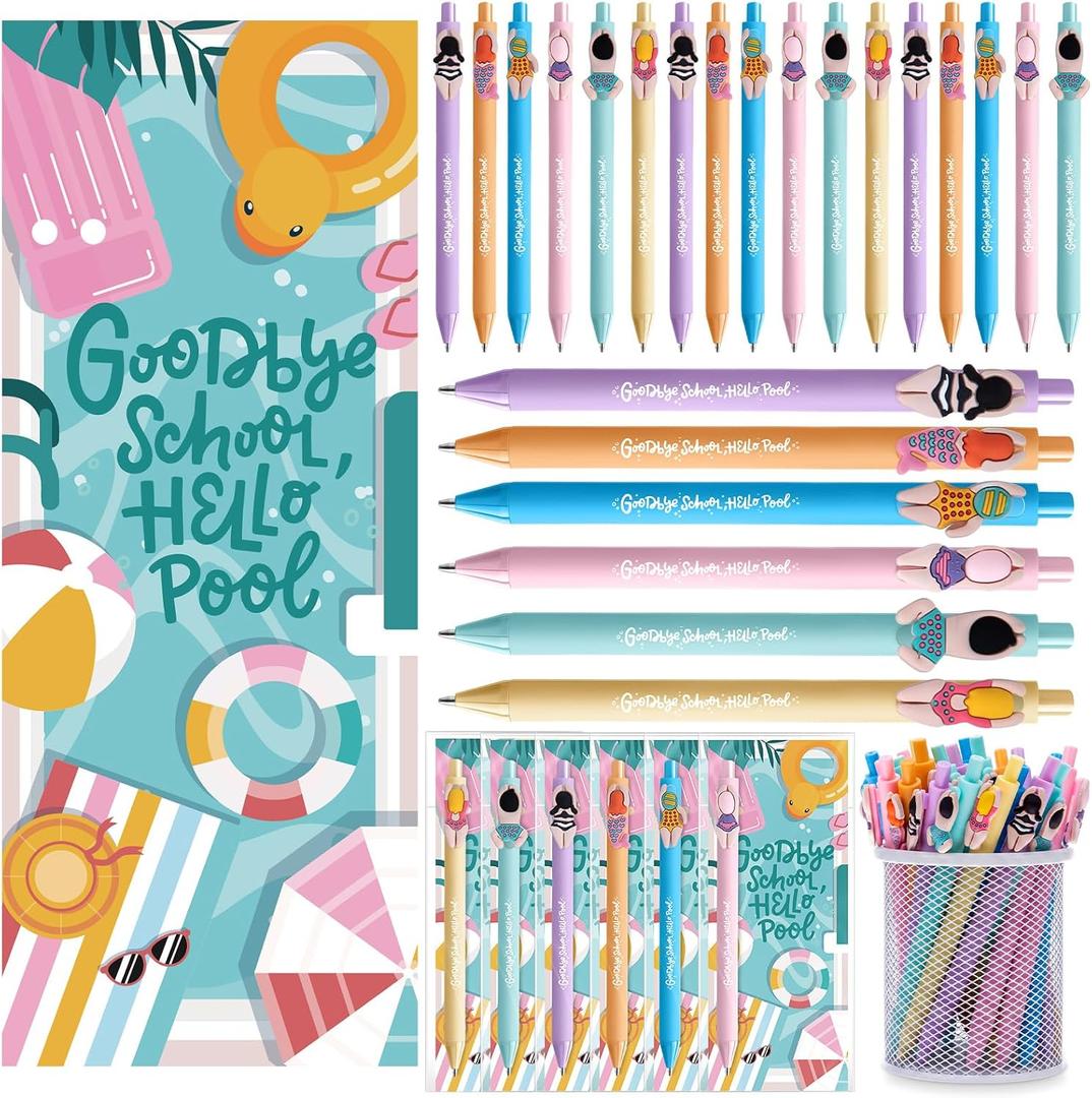 AmazingSpark 30 Sets End of School Year Gift for Student Graduation Party Favors Pens Swimming Pool Ballpoint Retractable Pen with Bookmarks Card for Summer Party Kids Preschool Classroom Prizes