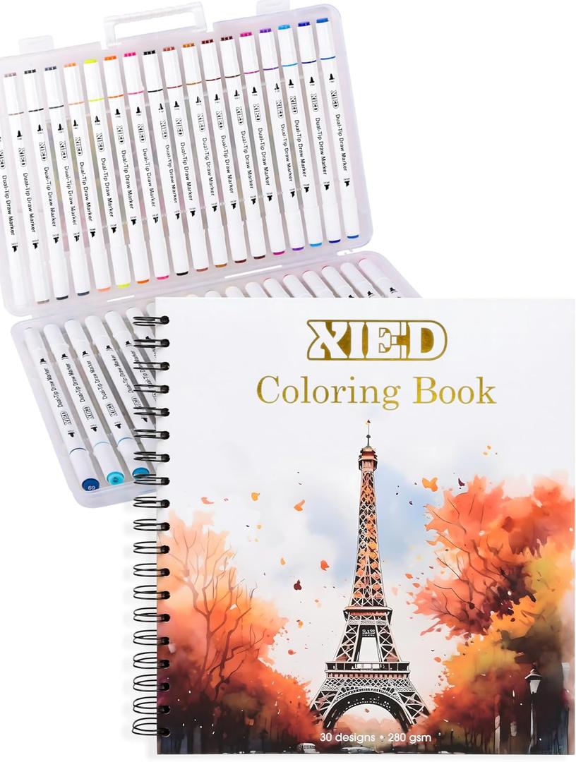 Stress Free Adult Coloring Book with Markers 36 Colors Alcohol Markers & Coloring Book for Adults to Relax and Relieve Anxiety, Included 30 Themes Designs