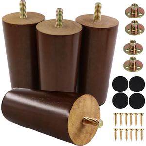 4 Inches Round Solid Wood Furniture Legs Set of 4, Brown Wooden Replacement Feet with Threaded 5/16'' Hanger Bolts for Sofa, Couch, Armchair, Cabinet, TV Stand, Ottoman and Dresser