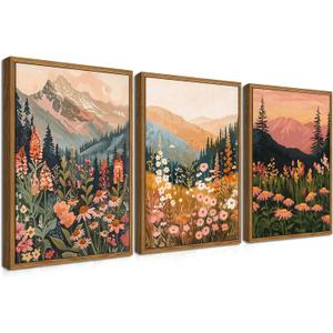 Floating Framed Boho Colorful Mountain Wall Art Set of 3, Vintage Wildflower Landscape Canvas Wall Decor Paintings, Nature Floral Forest Posters Pictures Prints for Living Room Bedroom 12x16 Inch (16L" x 12W")