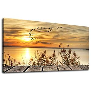 yearainnｮ Canvas Wall Art Sunset Lake Dock Fall Nature Picture 24" x 48" Old Wooden Bridge Reeds Birds Flying Shore Dusk Landscape Canvas Artwork for Bedroom Living Room Home Kitchen Office Wall Decor