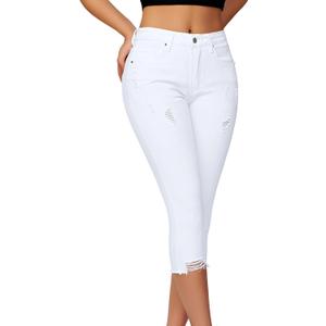 roswear Women's Capri Pants Mid Rise Skinny Ripped Stretchy Cropped Distressed Jeans (White, L)