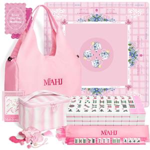 Complete American Mahjong Set with 166 Tiles, Quiet Mahjong Mat, 4 Racks with Pushers, Dice, Chips, Storage Bags & Instruction, Portable Mahjong Game for Travel, Family Game Night & Gifts(Floral Tea)