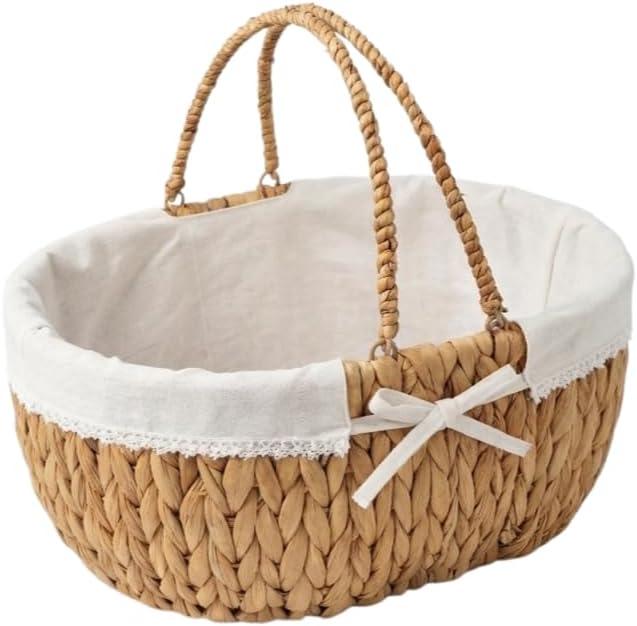 Medium Picnic Basket with Handles, Handwoven Water Hyacinth with Removable and Washable Lining, Oval Basket for Easter,Camping, Outdoor, Gift, Home Decor. White