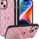 SOKAD for iPhone 14 Case with Finger Strap Kickstand, Cute Checkered Checkerboard Phone Case with Finger Hand for Women Men, Slim Full Camera Protection Shockproof Case Cover, Pink