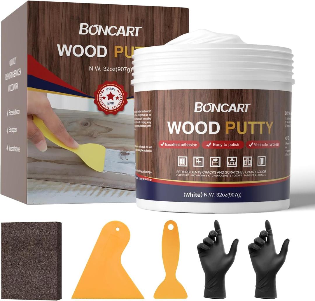 32oz Wood Filler Putty - White, Paintable Furniture Repair Kit for Quickly Fixing Broken and Defective Wooden Furniture, MQNZ-08