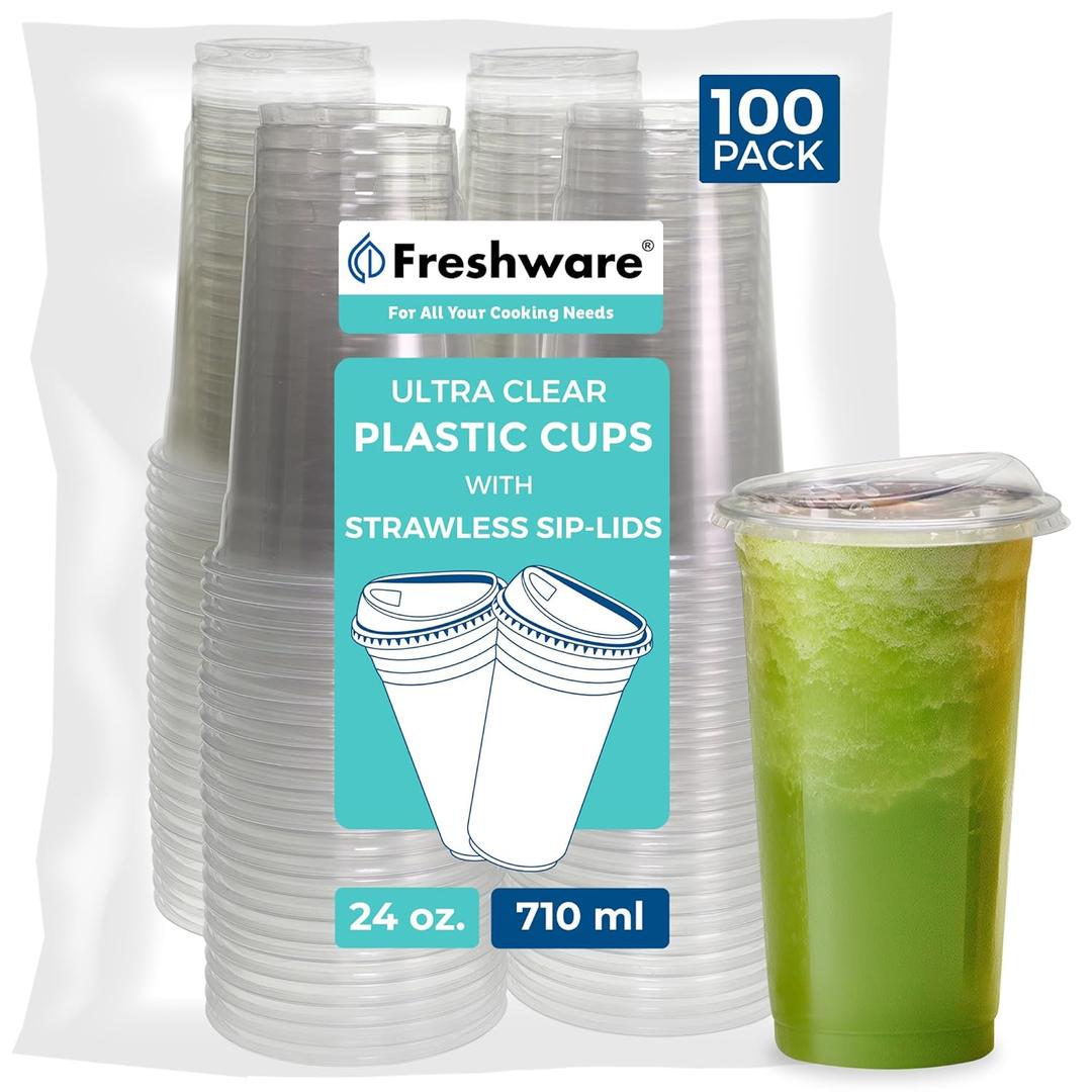 Freshware 24 oz Clear Disposable Plastic Cups with Strawless Sip Lids, 100 Pack Clear Plastic Tumblers, Heavy-duty Party Glasses, Disposable Cups for Thanksgiving, Halloween, Christmas Party