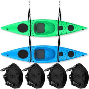 JaGely 4 Pcs Double Kayak Storage Straps System Adjustable Wall Hanging Storage Strap Kayak Hoist Sling with 4 Hook Bolt Kayak Storage Rack for Surfboards Paddleboards SUP Canoe