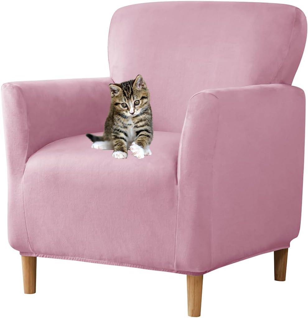 Stretch Chair Covers with Arms 1-Piece Banquet Armchair Slipcover Velvet Mid Century Modern Armchair Slipcover Anti-Slip Furniture Protector for Living Room Friendly for Kids Pets (Pink)