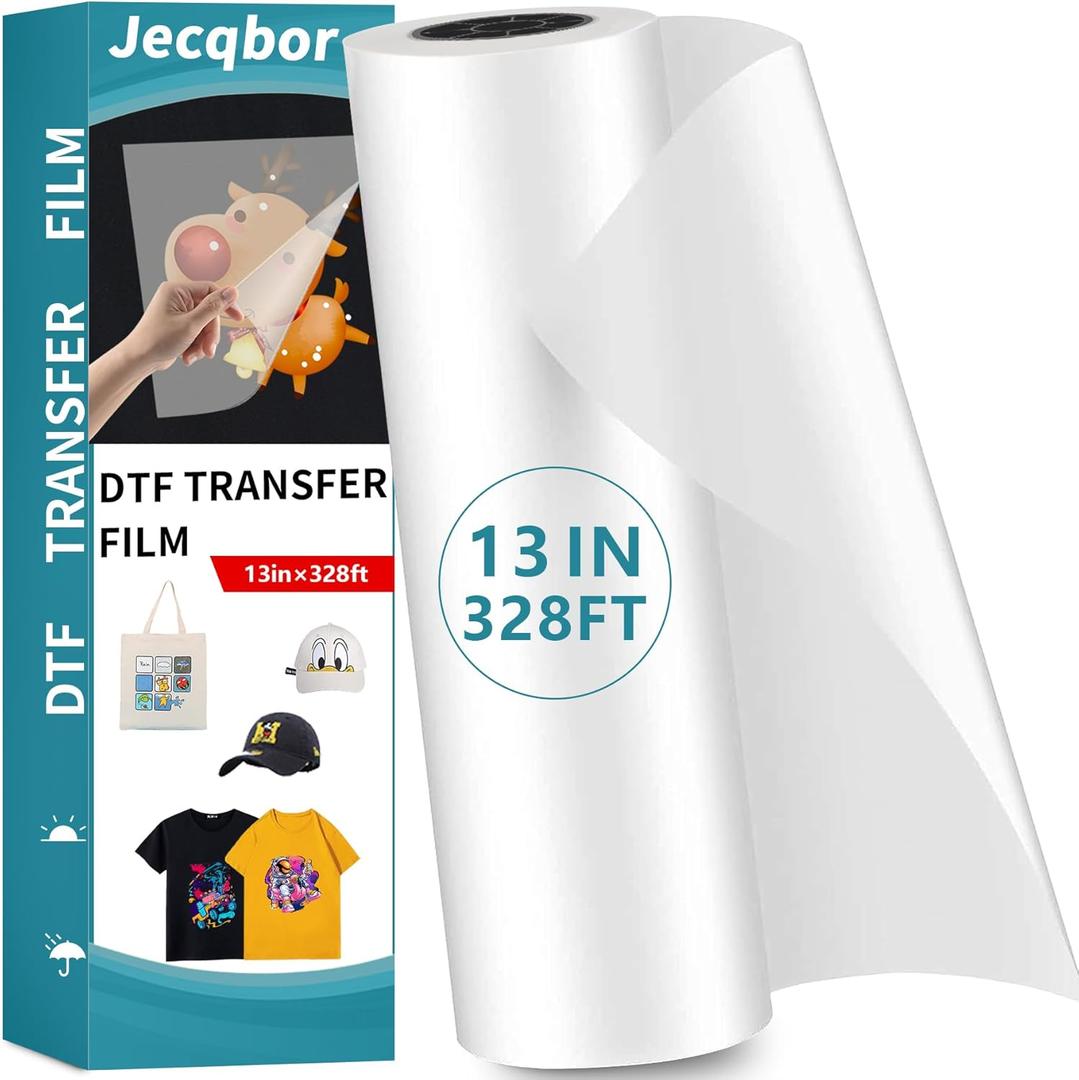 Jecqbor DTF Transfer Film Paper Roll 13 Inch x 328 FT, Double Sided Heat Transfer Paper, Thick Clear Pretreat PET Sheets for All DTF Printer Direct Print On T-Shirts Textile