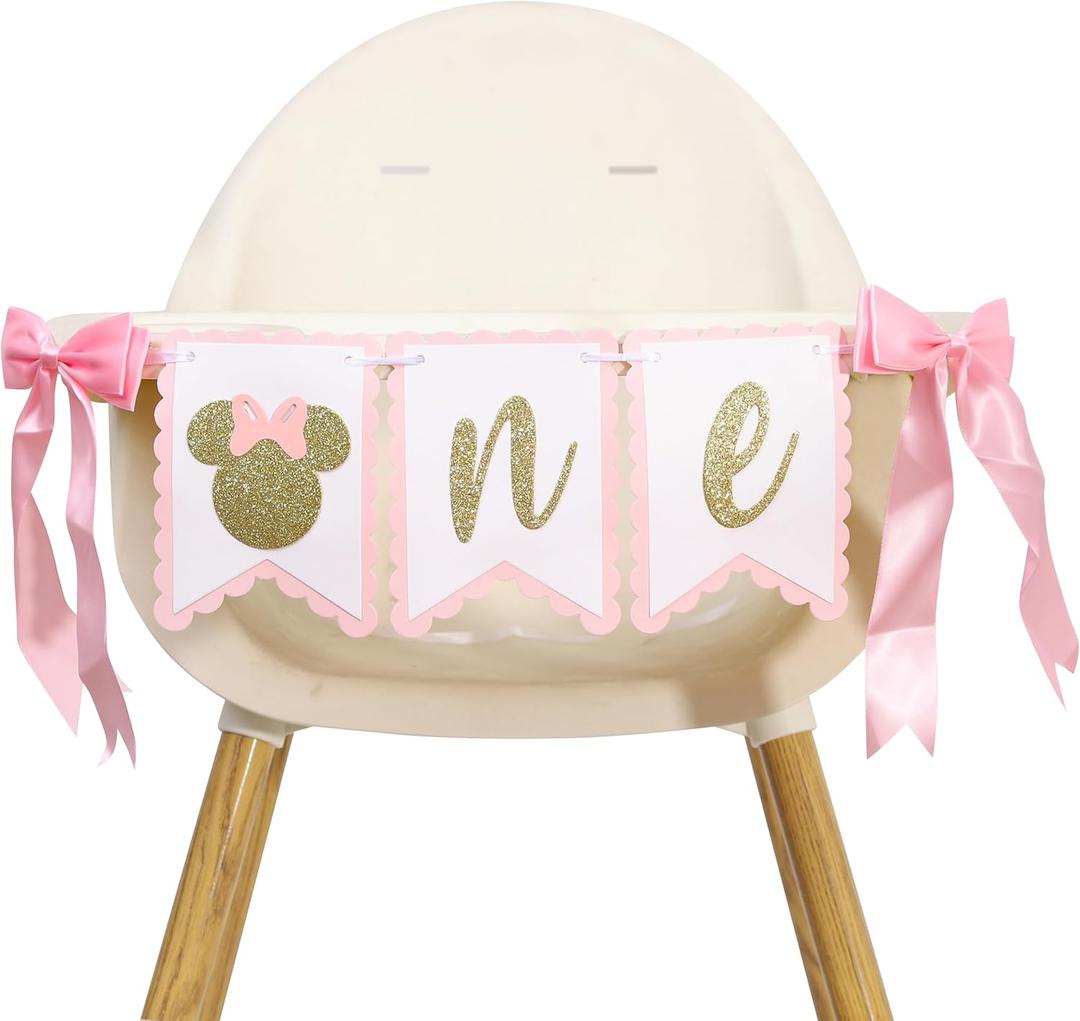 Mouse One High Chair Banner - Mouse First/1st Birthday Decorations,Pink And Gold Banner, Bow Girl 1st Pink Decor (mouse-1)