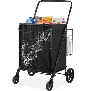 VEVOR Folding Shopping Cart with Removable Waterproof Liner, 210LBS Large Capacity Jumbo Grocery Cart with Dual Basket, 360 Swivel Wheels, Dense Metal Mesh Base, Heavy Duty Utility Cart for Shopping