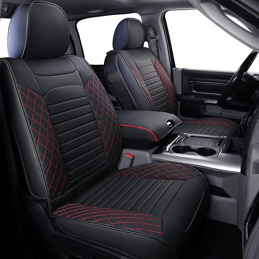 LUCKYMAN CLUB X02-BHX Ram 1500 2500 3500 Seat Covers FullSet, Fit Some 2011-2025 Regular Crew Quad Cab, with Waterproof Faux Leather (02-Full Set, Black&Red) (Size #2: Concave Front+Flat Rear)